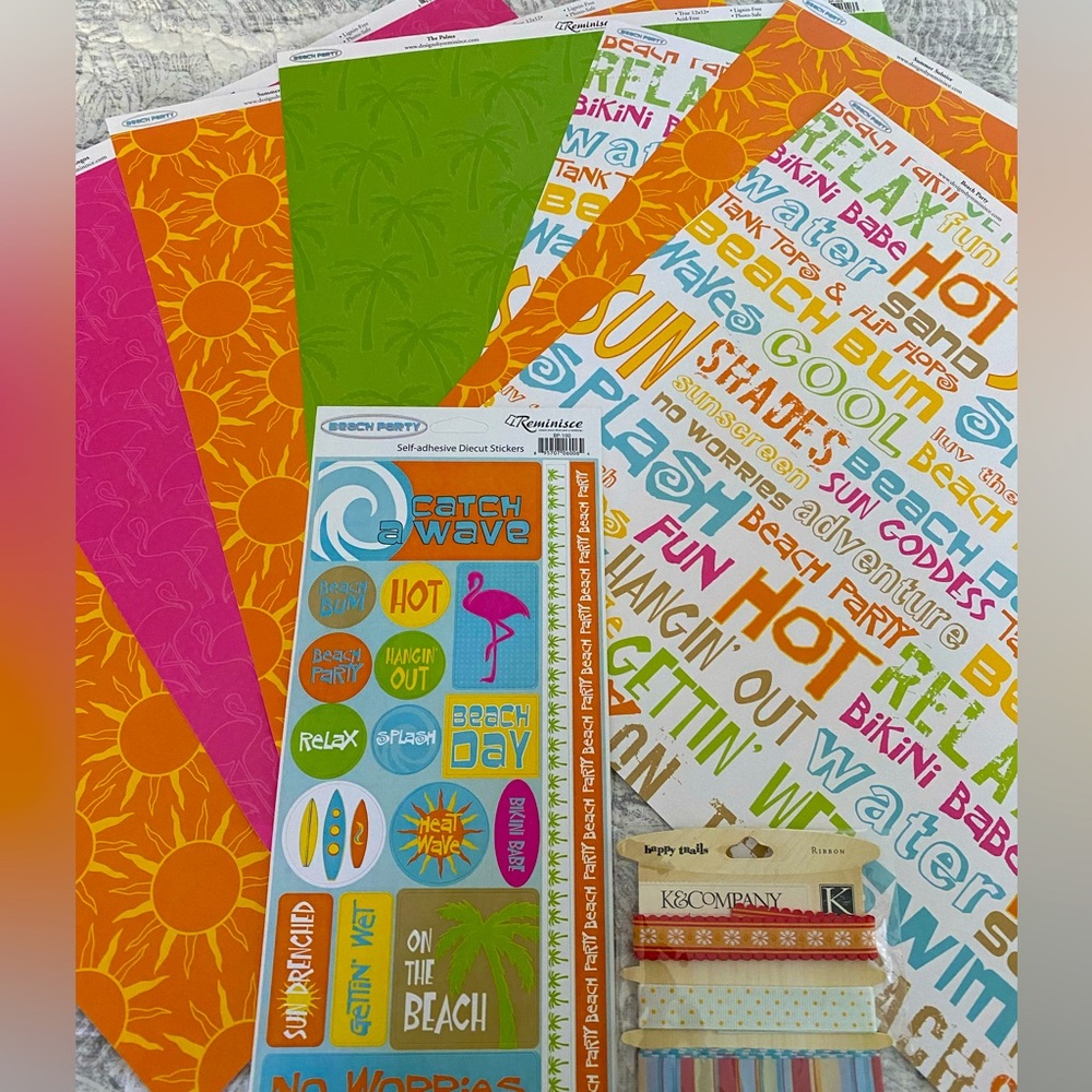 ⛱️☀️ REMINISCE “BEACH PARTY” STICKERS & SCRAPBOOK PAPER BUNDLE. RETIRED DESIGN!